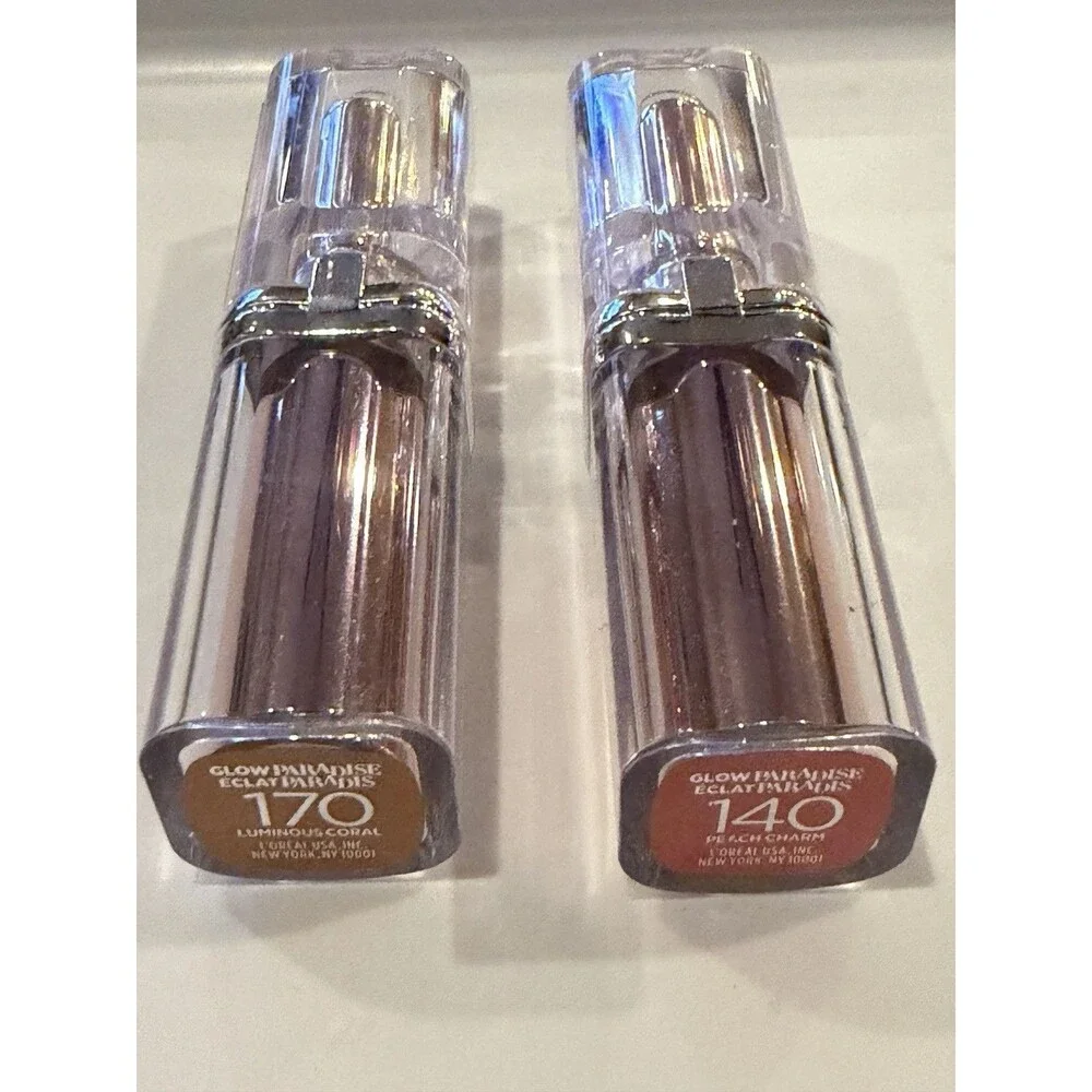 Pack Of 2 New Loreal Glow Paradise Lipstick 140 PEACH CHARM & 170 LUMINOUS CORAL